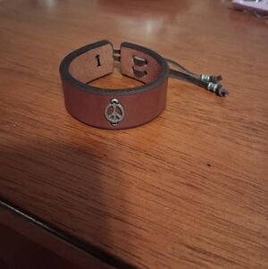 Brown Genuine Leather Bracelet with Peace Emblem